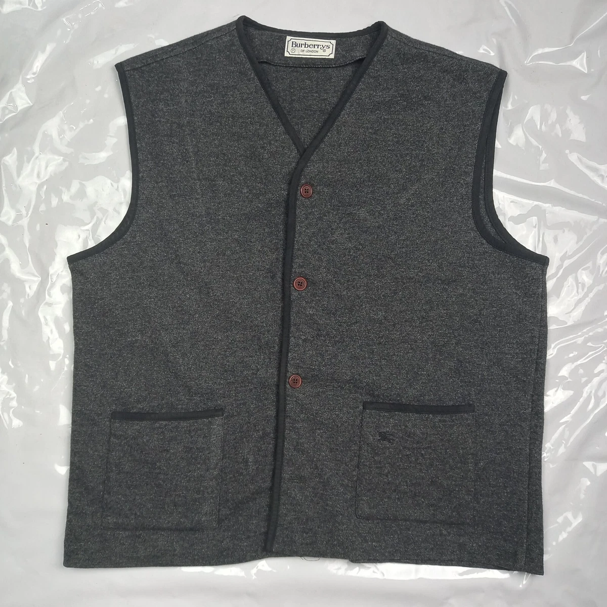 Vintage BURBERRY GILET Waistcoat WOOL SWEATER Vest Gray Black