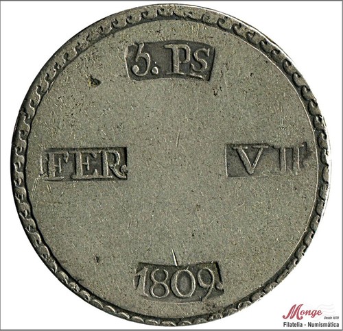 Spain fernando VII 5 Pesetes 1809 Tarragona - 25,65 Gr. Silver MBC VF