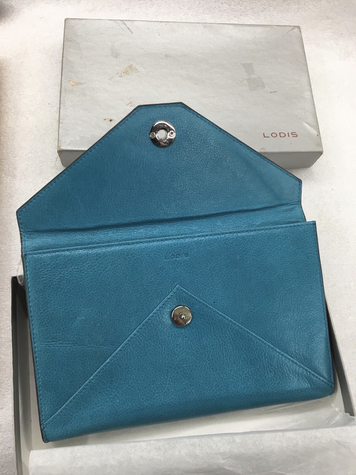 old vintage LODIS Leather Clutch with original Box - rare TEAL color