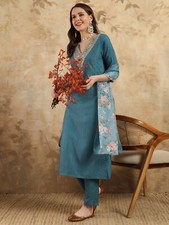 Women Viscose Rayon Kurti Pant Dupatta Set Indian Pakistani Ethnic Salwar Kameez
