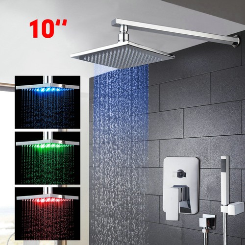 Juego de grifos mezclador de ducha de 10" LED cromado baño lluvia cabezal de ducha montaje en pared - Imagen 2 de 8