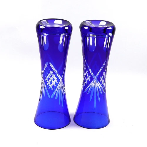 Bohemian Czech Style Blue Glass Vase Hand Cut To Clear Crystal Art Deco 2pcs - Picture 3 of 9