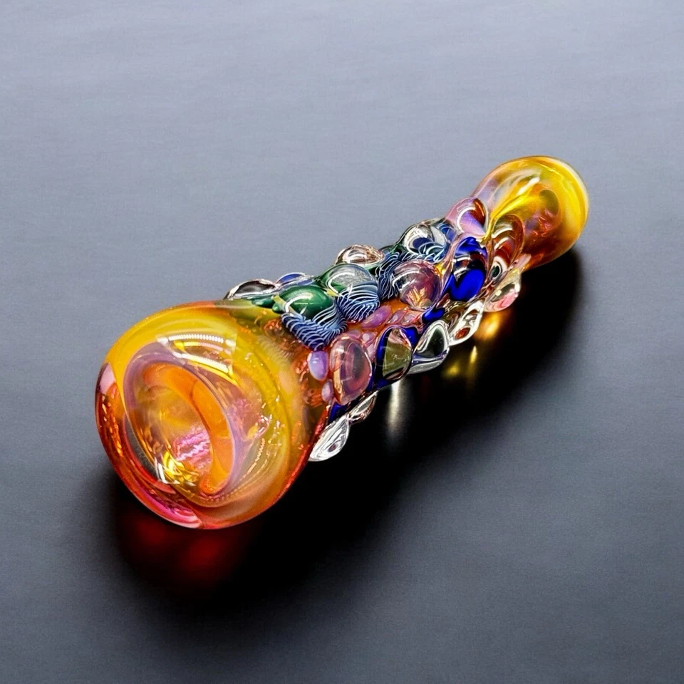 Gold Fumed Hand Blown Glass Chillum Pipe – USA Made, Colorful Dot Work, 3.5” - Image 4 of 4
