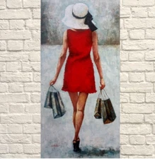 Fashion Woman in Red Dress Acrylic Painting Modern Female Collectible Wall Art