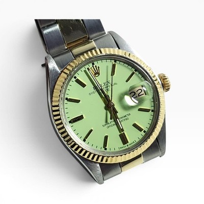 Rolex Date 34 mm Two Tone Pistachio Dial Oyster Automatic Watch 1500 Circa 1972