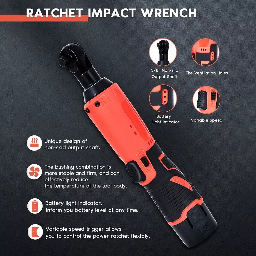 Electric Cordless Ratchet 3/8" Right Angle Wrench Impact Power Tool w/ 2 Battery