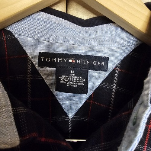 VTG TOMMY HILFIGER Polo L Plaid Pique 90s Red Blue Crest Preppy Y2K Golfcore - Picture 3 of 8