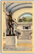 Salt Lake City Utah~Massasoit Statue @ State Capitol Bldg~PM 1942~Linen Postcard