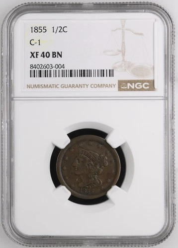 1855 Half Cent 1/2c NGC XF-40 BN C-1