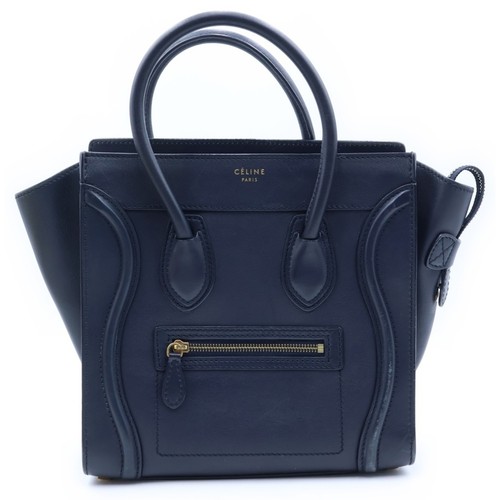 CELINE Luggage Micro Handbag Navy Leather Gold Hardware Used dfc3dddbe3a51dfe4f4