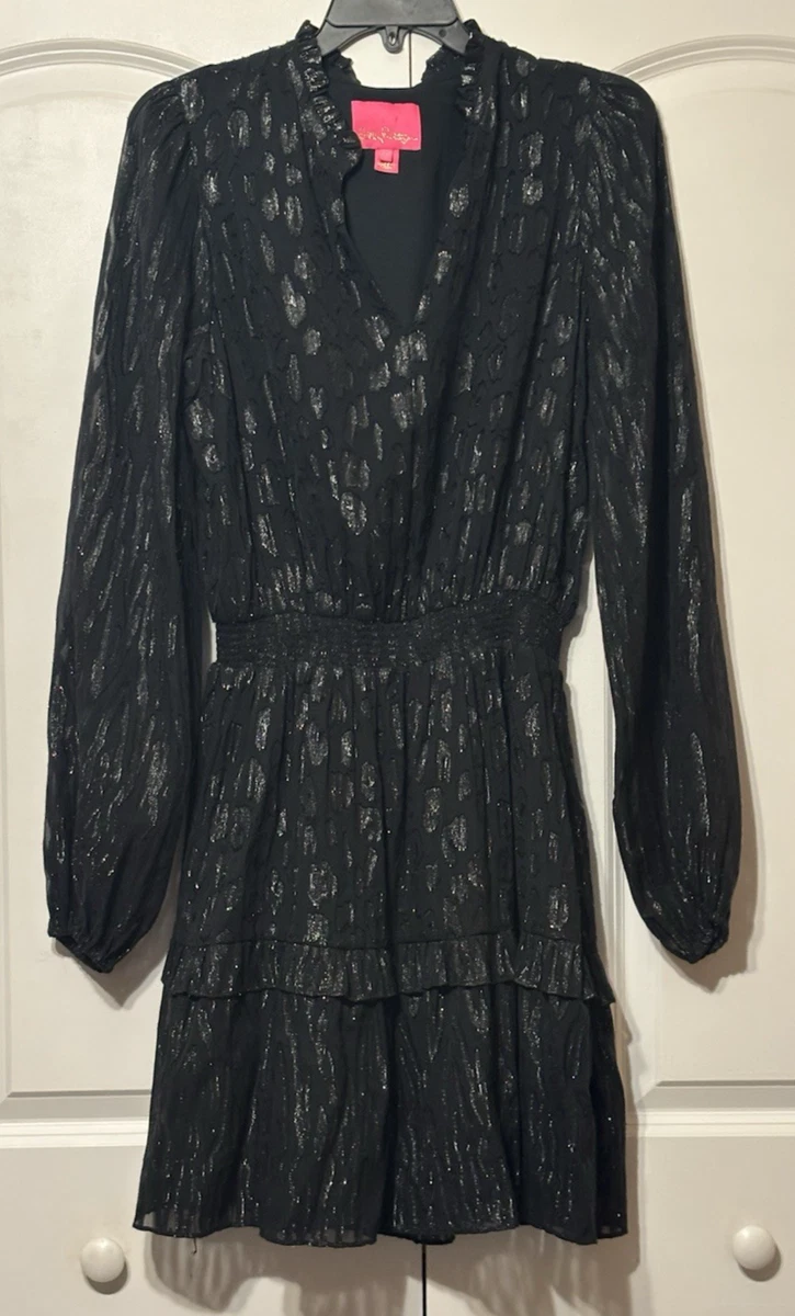 black lilly pulitzer dress Lilly Pulitzer Size 4 Black Polyester V Neck Zip Back Ruffle Accent Dress —  Labels Resale Boutique