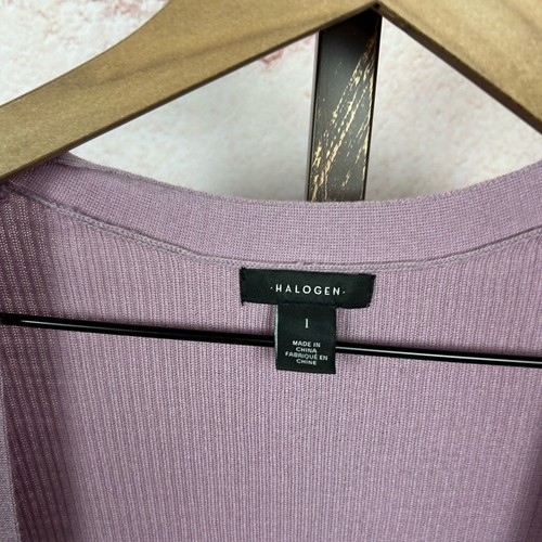 HALOGEN lavender merino wool cardigan sweater size L ribbed pocket duster - Picture 3 of 4