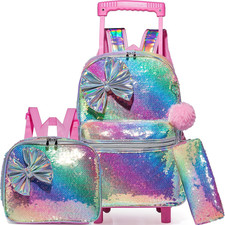 Bowknot Rolling Backpack for Girls Roller Backpacks with Wheels Kids Wheeled Seq