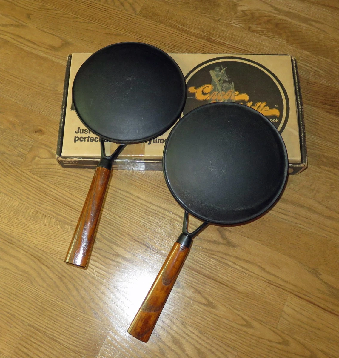 Vintage Pair of Creative Cookware Cast Aluminum 8” Crepe Maker Pan Wood Handle.