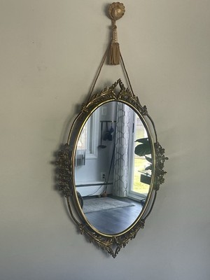 Vintage Brass Oval Mirror Hollywood Regency Flowers Leaves 25  X 18  Tassel