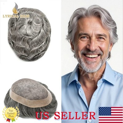 Lyrical Hair Mens Toupee Monofilament Wig Human Hair System Black Grey Hairpiece