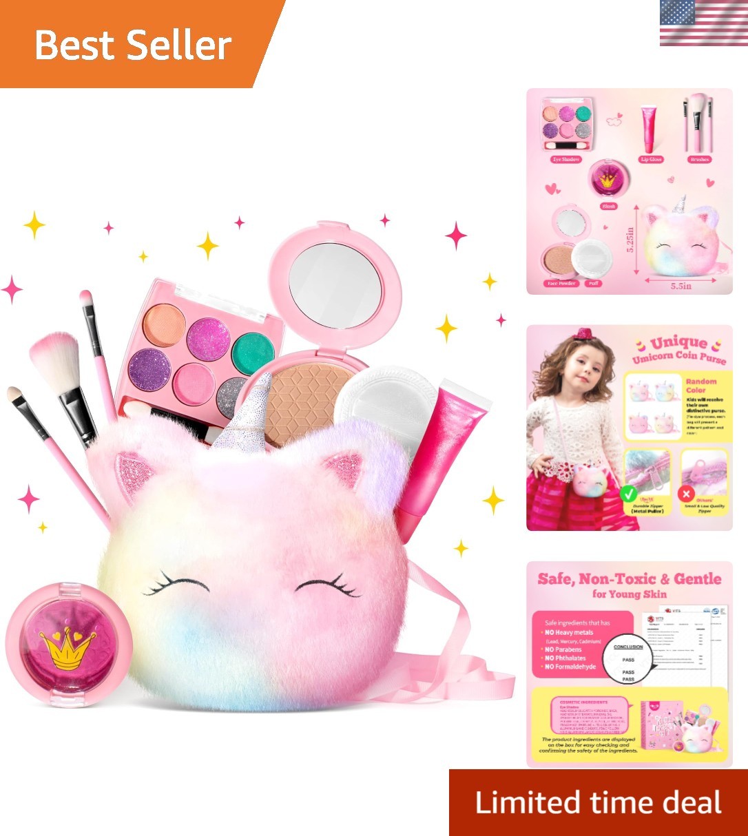 Kit de Maquillaje Lavable para Niños para Niñas 4-6 con Monedero Pequeño 5.5x5.25 pulgadas - Real...
