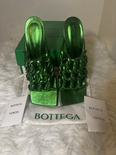 Bottega Veneta Women’s Green Metallic Braided Leather Slide Sandals Slip On US 9