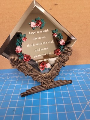 Vintage Style Diamond Mirror Plaque Rose Flower Love Quote Tabletop Stand Frame