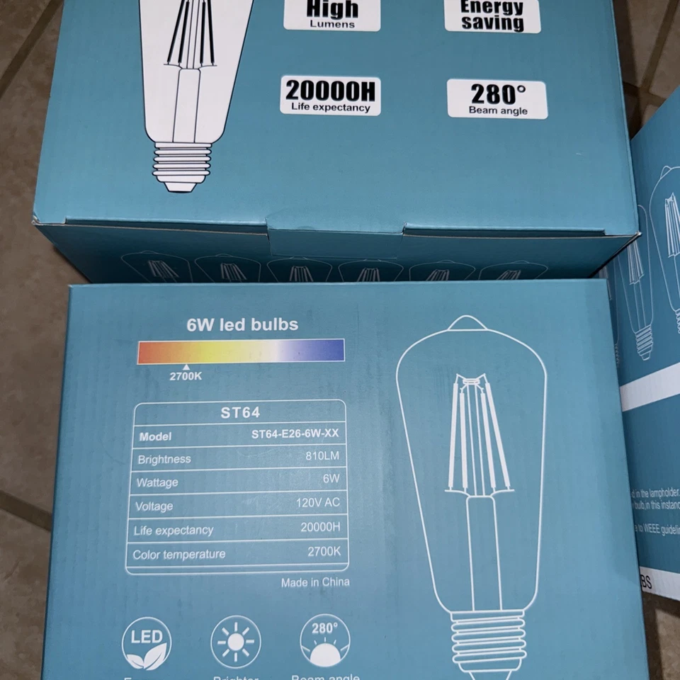ST64 复古 LED Edison 灯泡 E26 非可调光 2700K 暖白 6W 810LM 6 件 — 第 2/4 张图片
