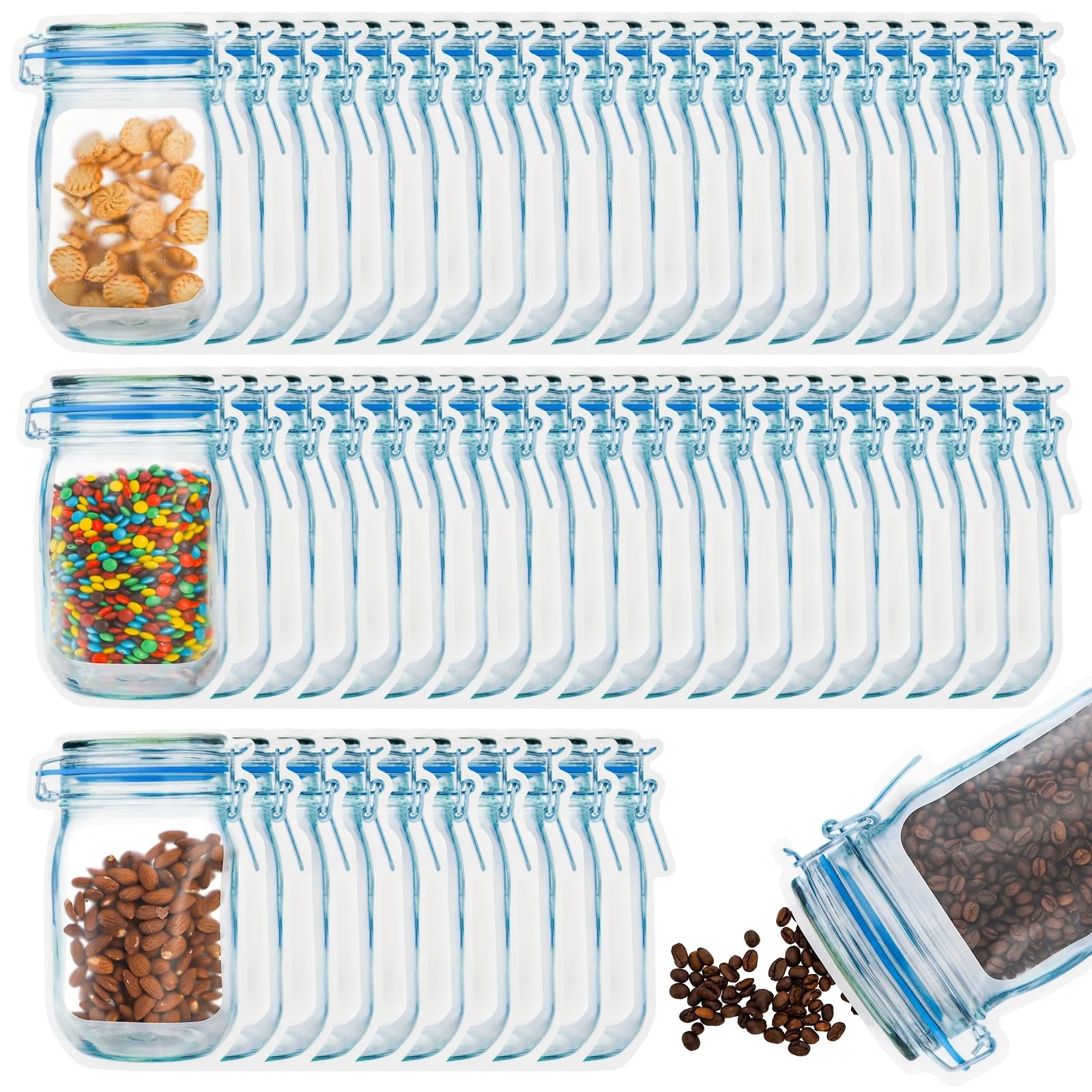 50 Pack Mason Jar Bags, Reusable Mason Jar Zip Snack Bags, Airtight Leakproof...