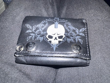 Genuine Leather Men Trifold Wallet Biker Trucker, Black Made in USA