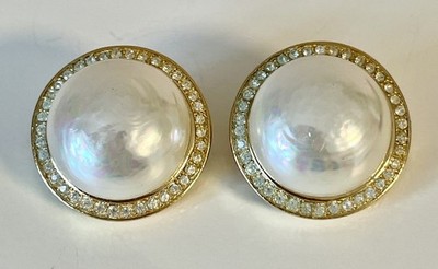 Christian Dior Vintage große runde weiße Perle Kristall Kuppel Clip, Ohrringe verpackt