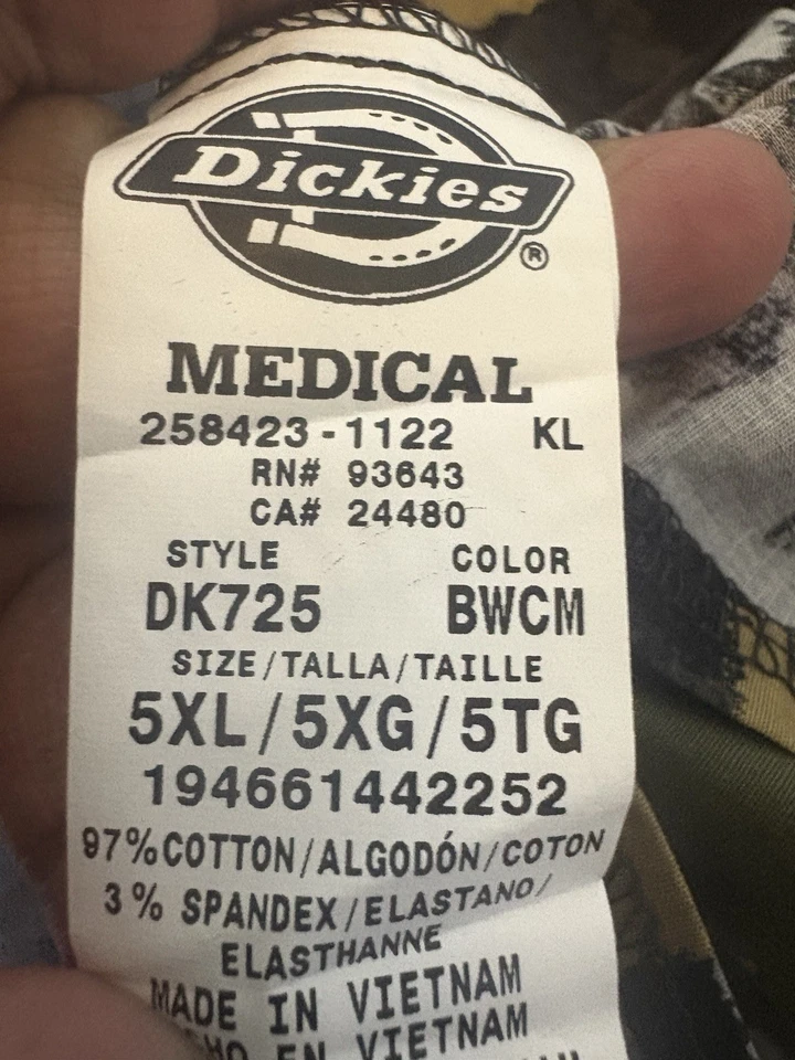 Blusa Médica Dickies Hombres 5XL Camuflaje Manga Corta Cuidado de la Salud Trabajo Grande Alto Cuello en V Foto 3 de 4