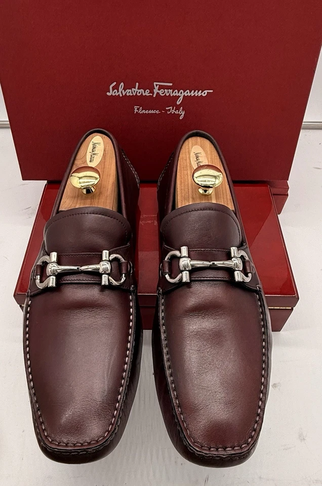 Ferragamo Burgundy Brown Loafers 9.5 Wide Silver Gancini Bit Buckle Drivers - Image 2 of 4