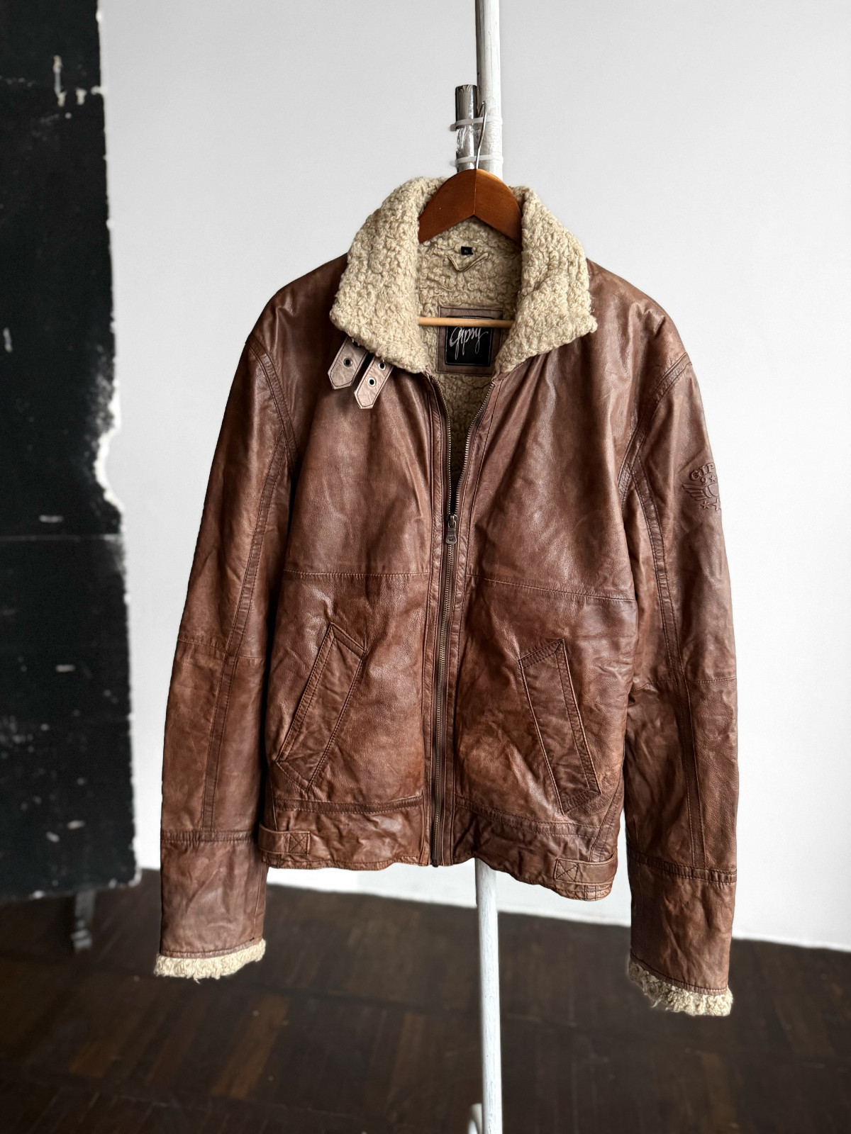 Gipsy Hombres Cuero Marrón Sherpa Chaqueta Aviador Bombardero Piel de Oveja...