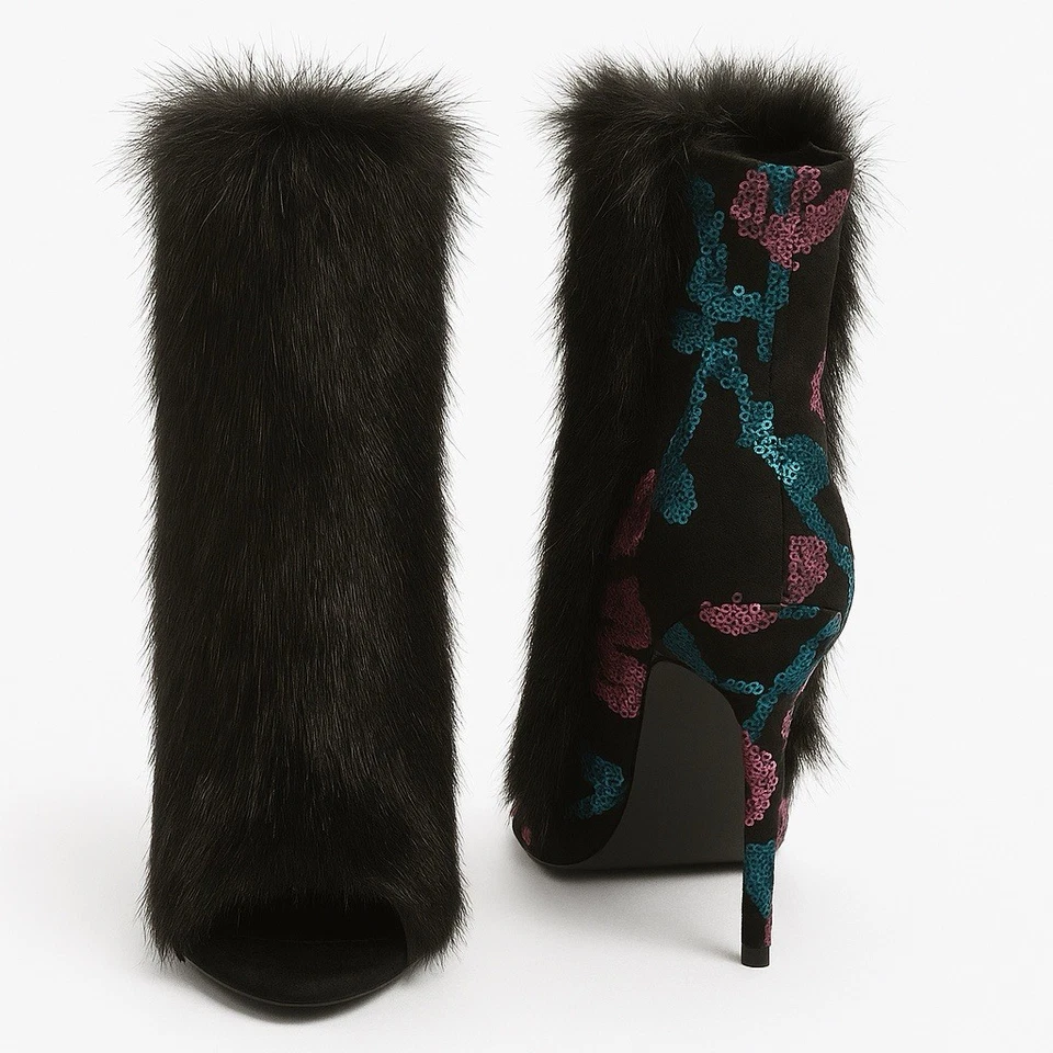 Bestie Black faux fur stiletto boot with pink & teal sequin floral sparkle - Image 2 of 2