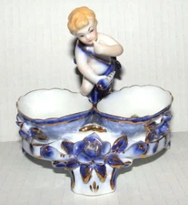 Vintage Porcelain Crown Derby Cherub Double Salt Cellar Blue & White with Gold