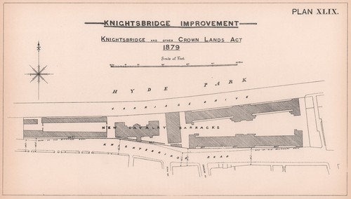 1879 Knightsbridge. New Household Cavalry Barracks. Carriage Drive 1898 map