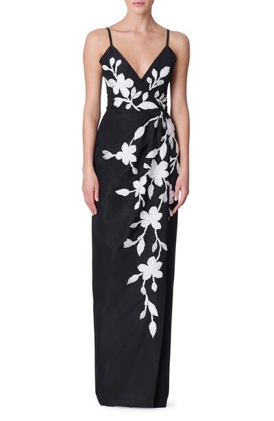 Carolina Herrera Size 2 Floral Beaded Embroidered Column Gown Dress Black White