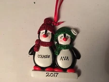 Penguin Couple Family of Two Personalized Christmas Tree Ornament Holiday Gift