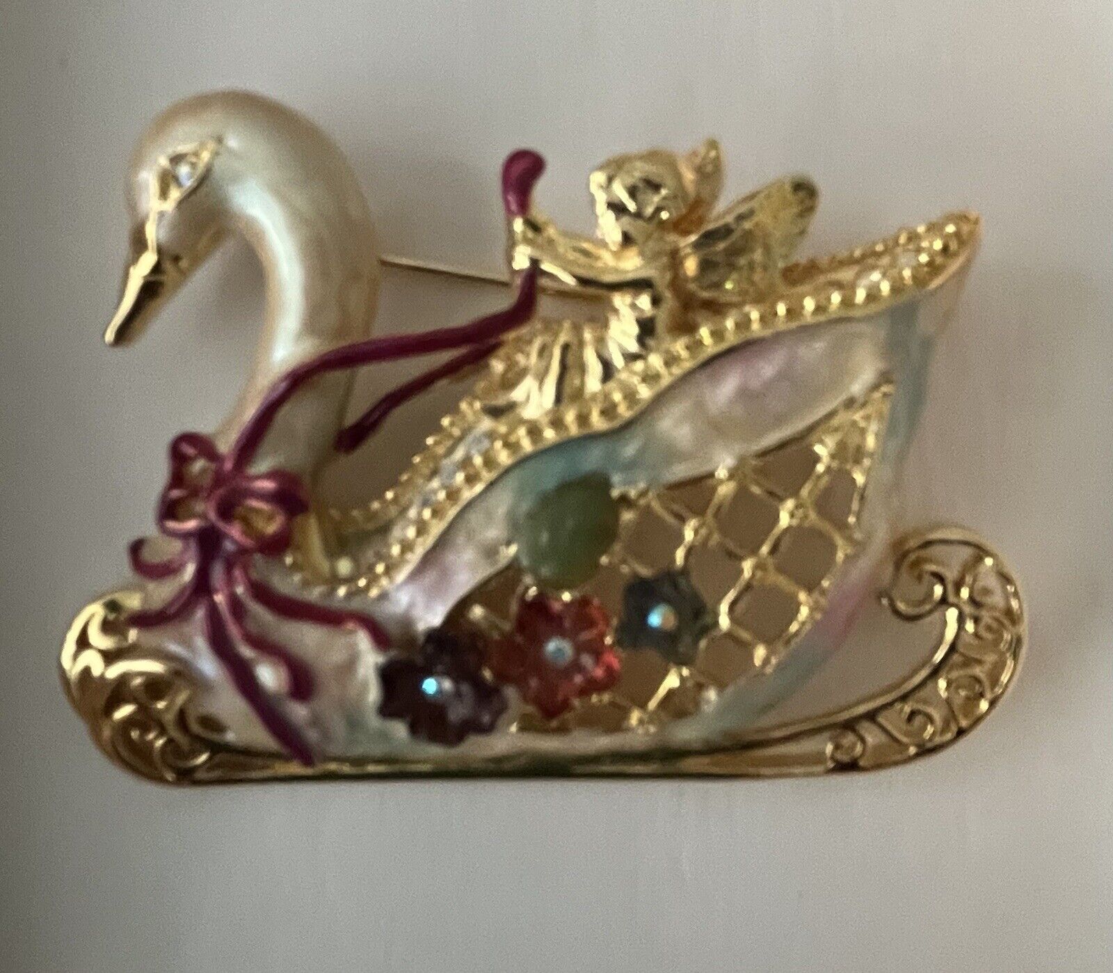 Kirks Folly Vintage Swan Princess Cherub Pin In O… - image 5