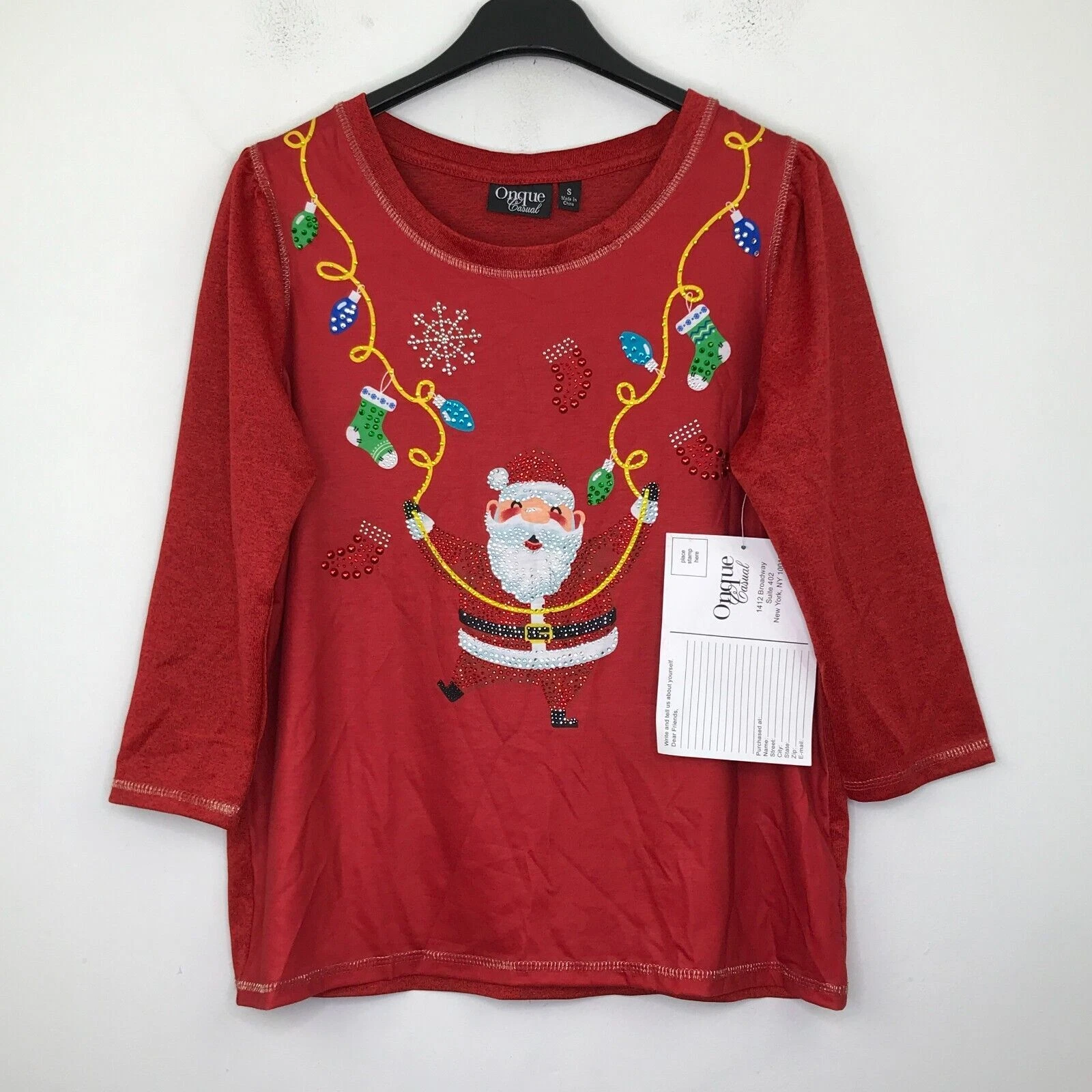 Onque Casual Women's M Ugly Christmas Sweater Red Bedazzled Santa Stocking NWT