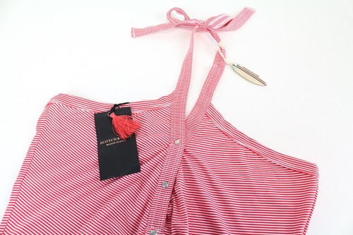 MAISON SCOTCH Women Swimwear ~S Red White Stripe Patterned One Piece Halter - Picture 3 of 7