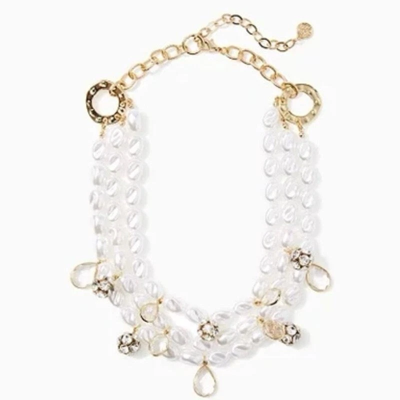Lilly Pulitzer Resort White Dreamy Faux Pearl Pave Beads Gold Necklace New 