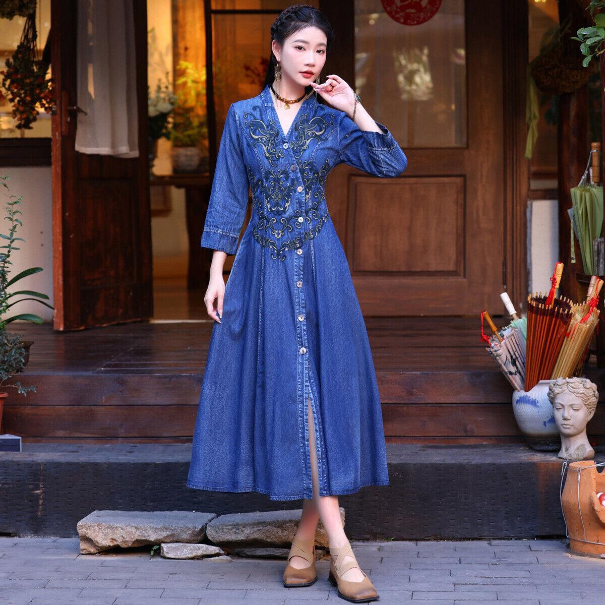 New Women's Denim Dress Embroidered Cardigan Casual Dresses Retro Blue