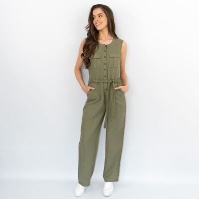 White Stuff Womens Sleeveless Khaki Linen Wide Leg Summer Jumpsuit Boiler  Suit