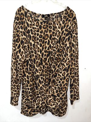 Lucky and Blessed Top Women 3x Brown Animal Print X Waist Round Neck L/S Waffle