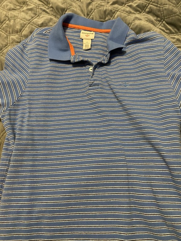 MENS DOCKERS BLUE STRIPED SHORT SLEEVE SHIRT LARGE