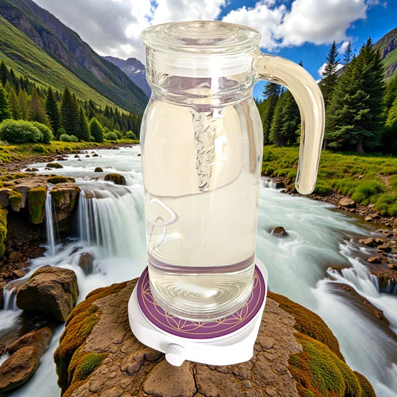 Carafe Vortex Dynamisante en verre pour éliminer le goût de chlore de l'eau du robinet