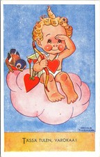 Postcard Tässä Tulen Varokaa Cute Little Cupid Arnold Artist Tilgmann 1940s A9