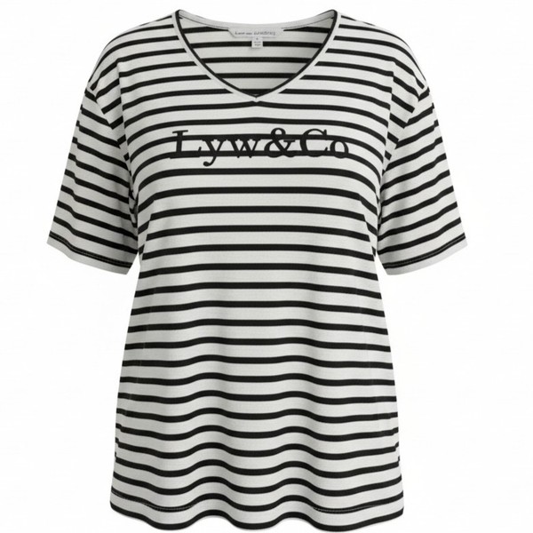 Love Your Wardrobe Black White Stripe LYW & Co Logo Tee 24 Shirt Top Nautical