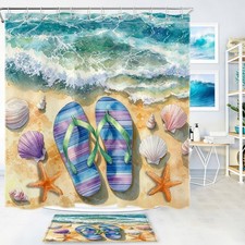 Seashell Blue Ocean Beach Flip Flops Shower Curtain Set for Bathroom Decor