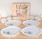 Vtg 8 pc Mid Century Patio Snack Set Atomic Flowers Plate Cup Federal Glass Co.