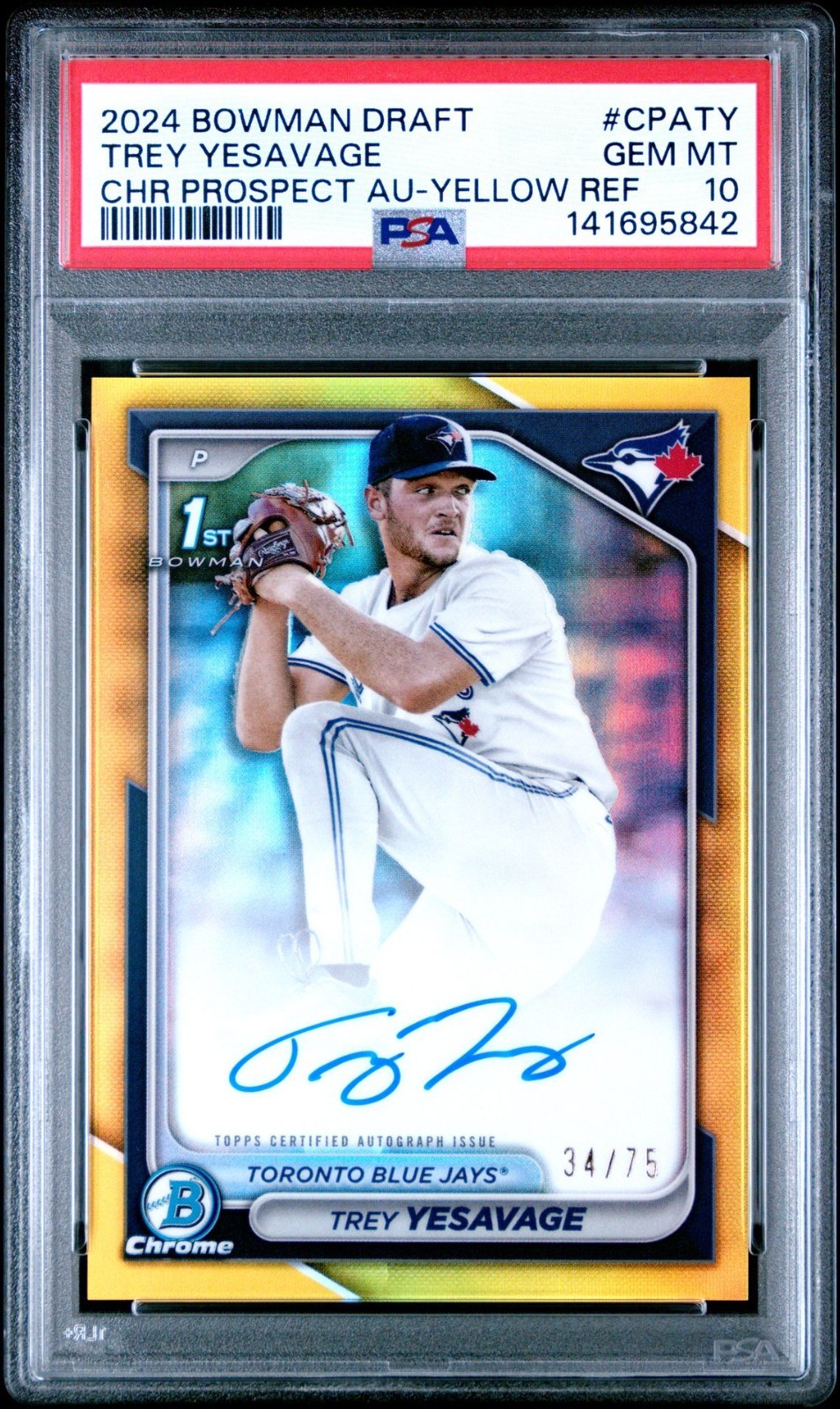 2024 Bowman Draft Chrome Trey Yesavage Yellow Refractor Auto /75 #CPATY PSA 10
