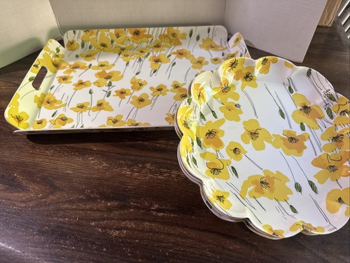 Vtg Vera Neumann Yellow Poppy Melamine Plastic Lg Serving Tray & 3 Plates/trays